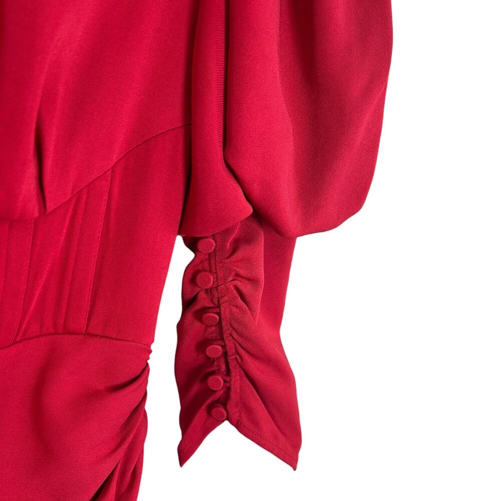 SELF-PORTRAIT, Crepe Midi Dress Puff Sleeve Side-Split Stretch Red SZ 0 US, 4 UK - Picture 12 of 14